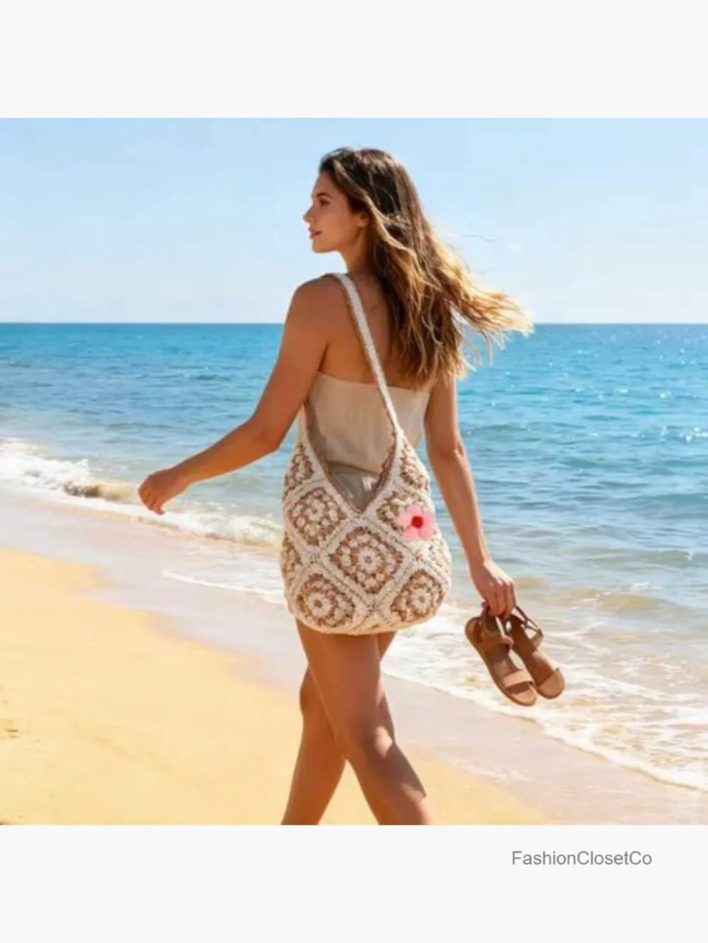 Hand-Crocheted Boho Hobo Tote Bag with Floral Decor, Large Capacity